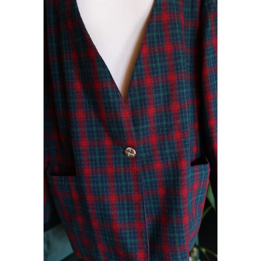 Vintage Leslie Fay Blazer Jacket Womens 18W Christmas Green Red Plaid Wool